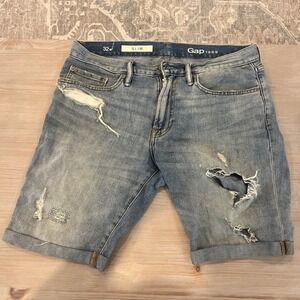 Gap 1969 Men's Slim Cut-Off Light Stone Distressed Denim Jean Shorts  32 Used